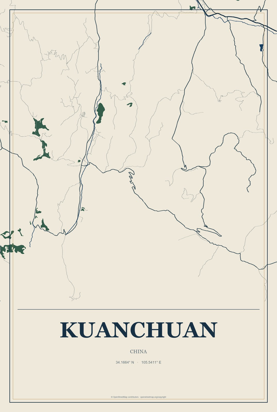 Kuanchuan, China City Map Aluminum Sign in Coastal Cutout style