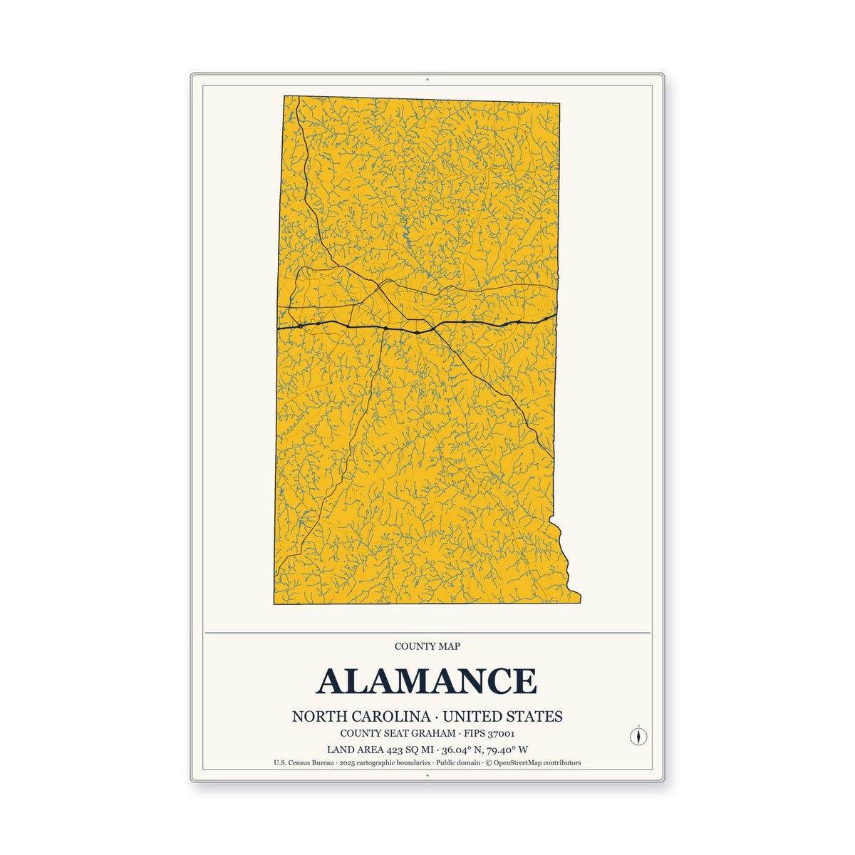 Alamance County, North Carolina Map Aluminum Sign in Citrine Modern style