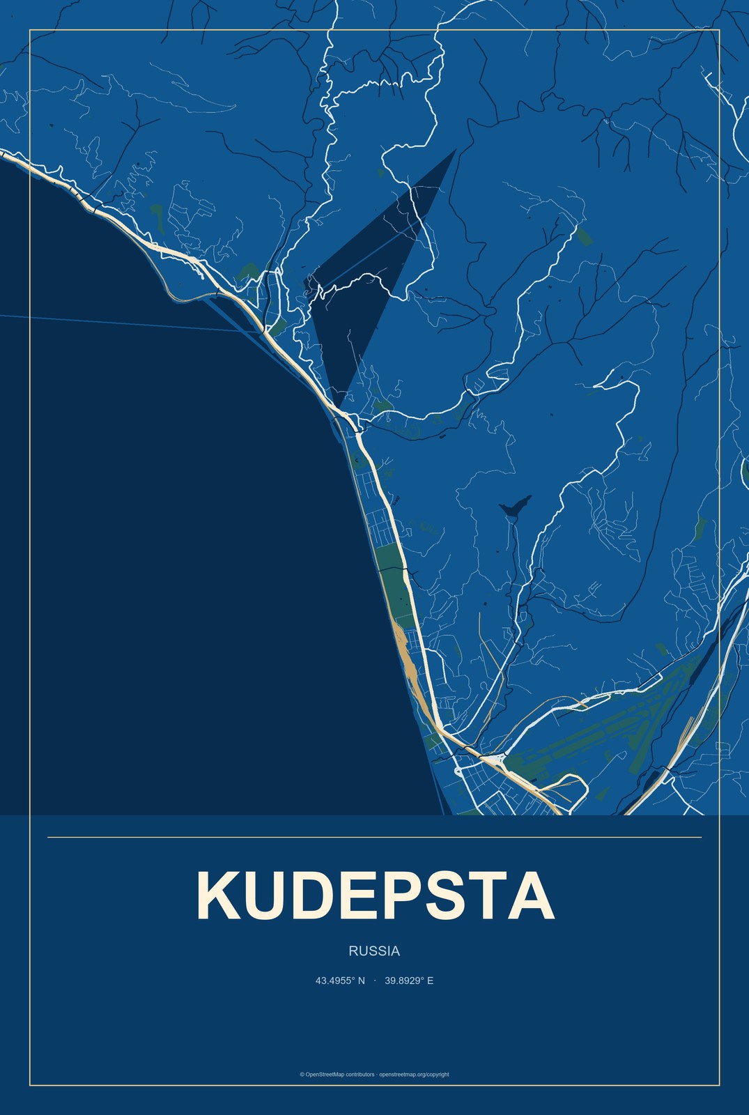 Kudepsta, Russia City Map Aluminum Sign in Harbor Cobalt style
