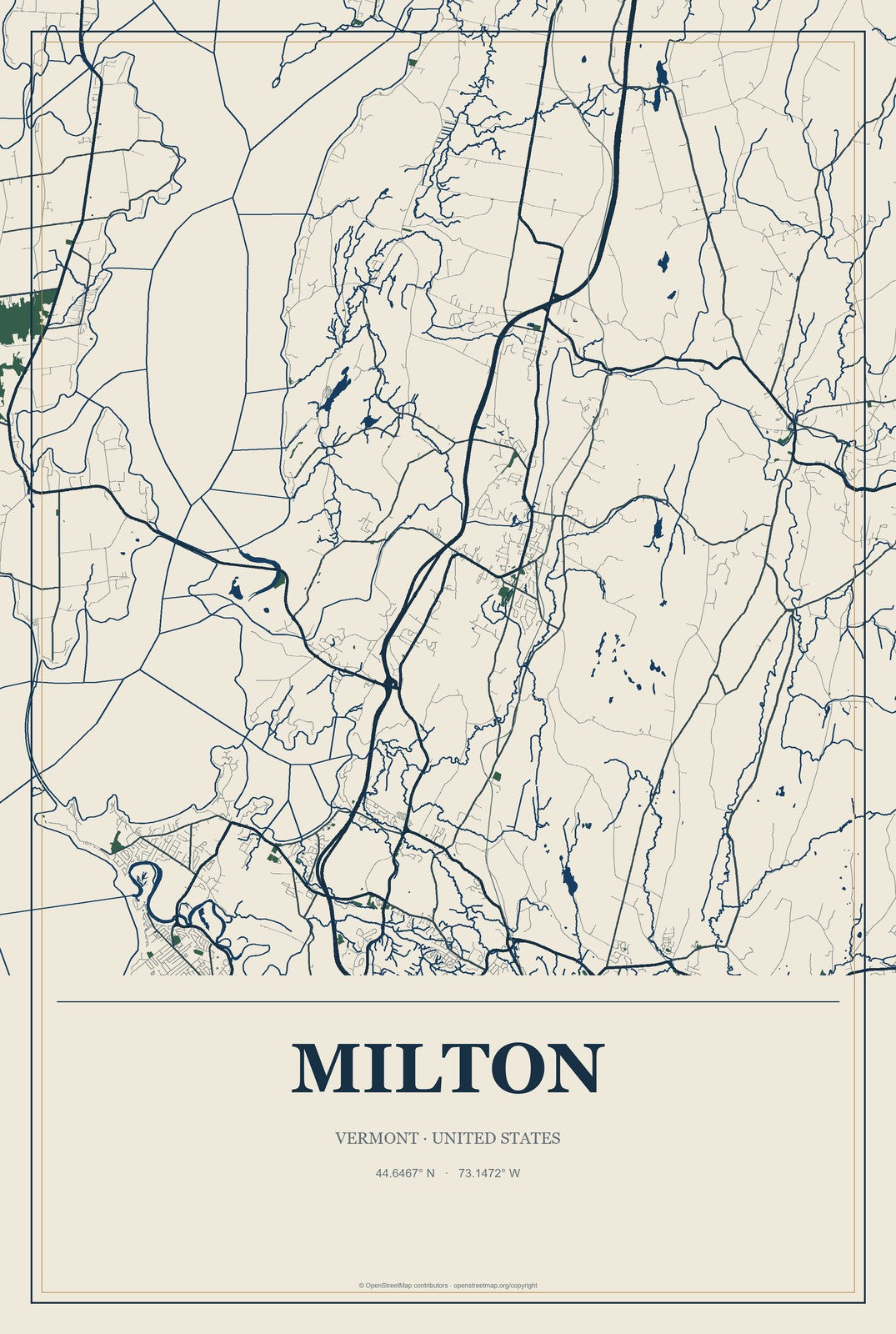Milton, Vermont City Map Aluminum Sign in Coastal Cutout style