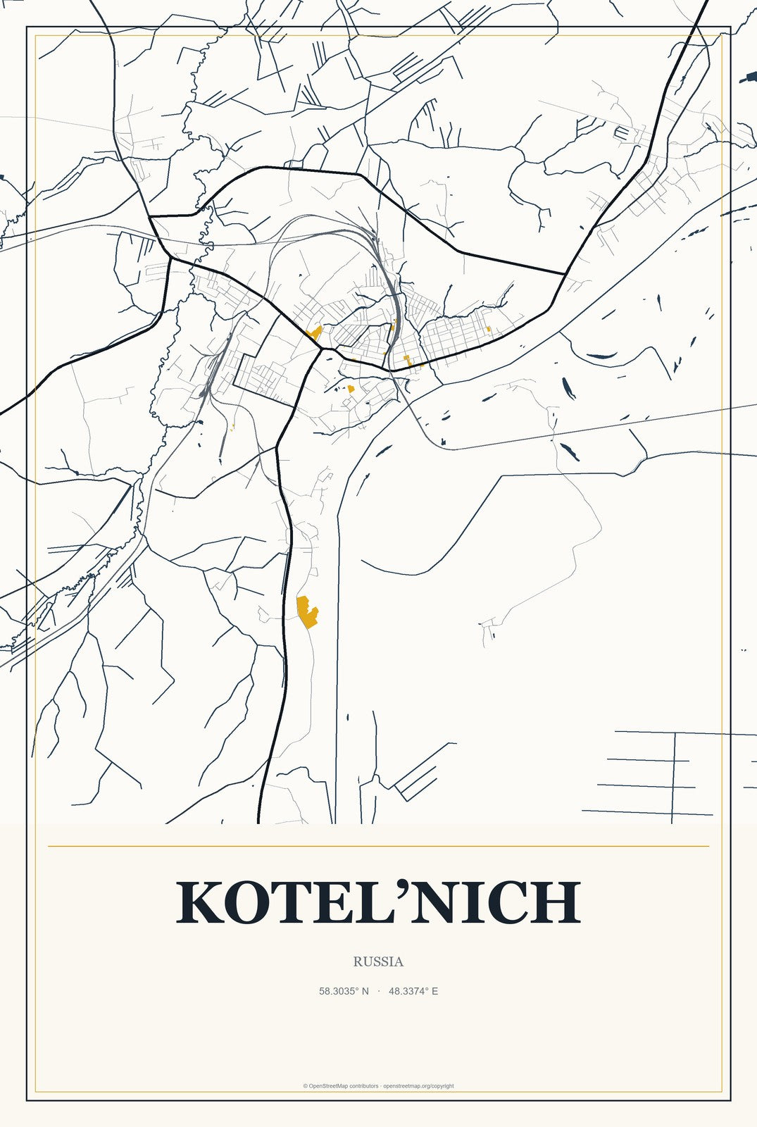 Kotel’nich, Russia City Map Aluminum Sign in Citrine Modern style
