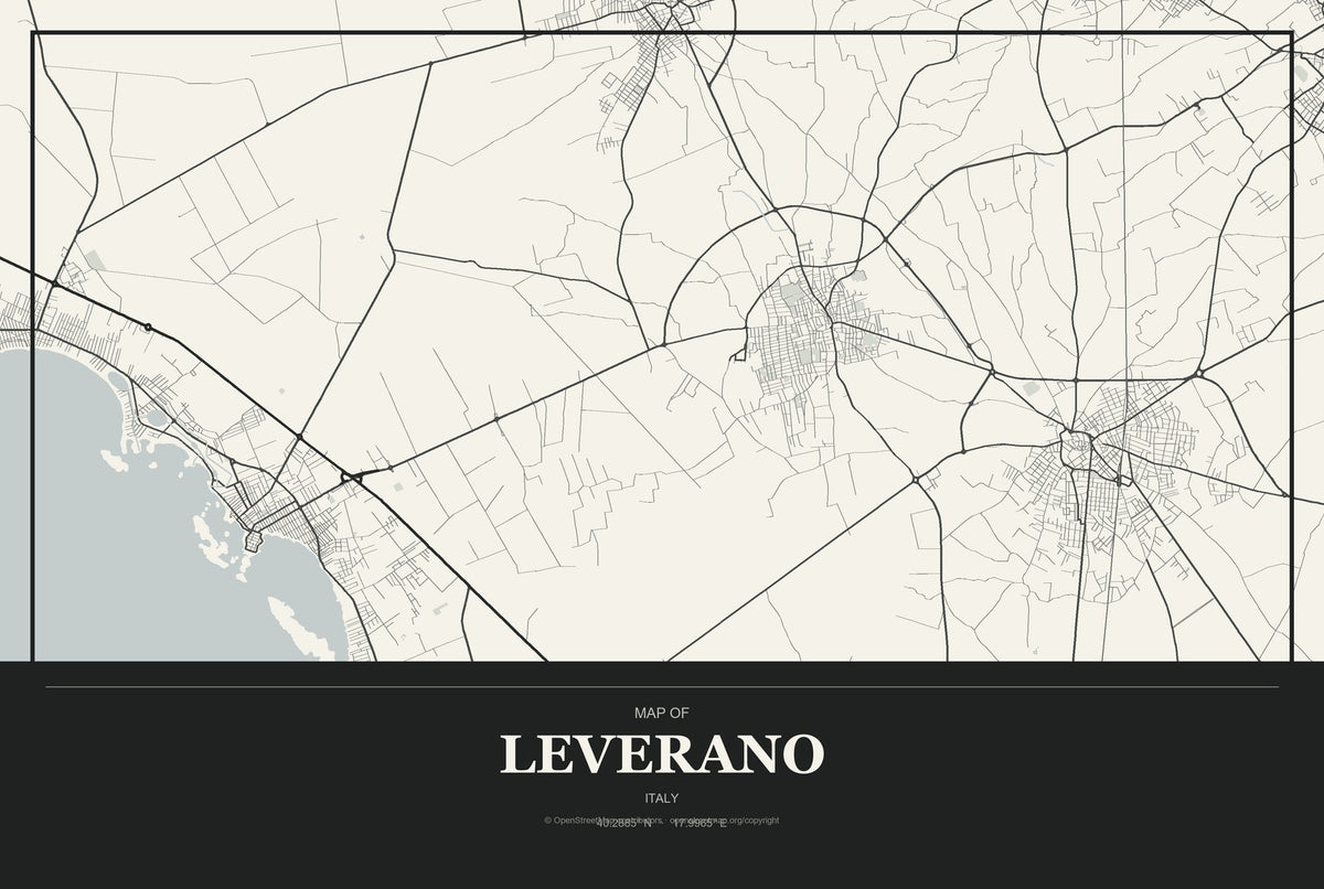 Leverano, Italy City Map Aluminum Sign in Museum Plaque style
