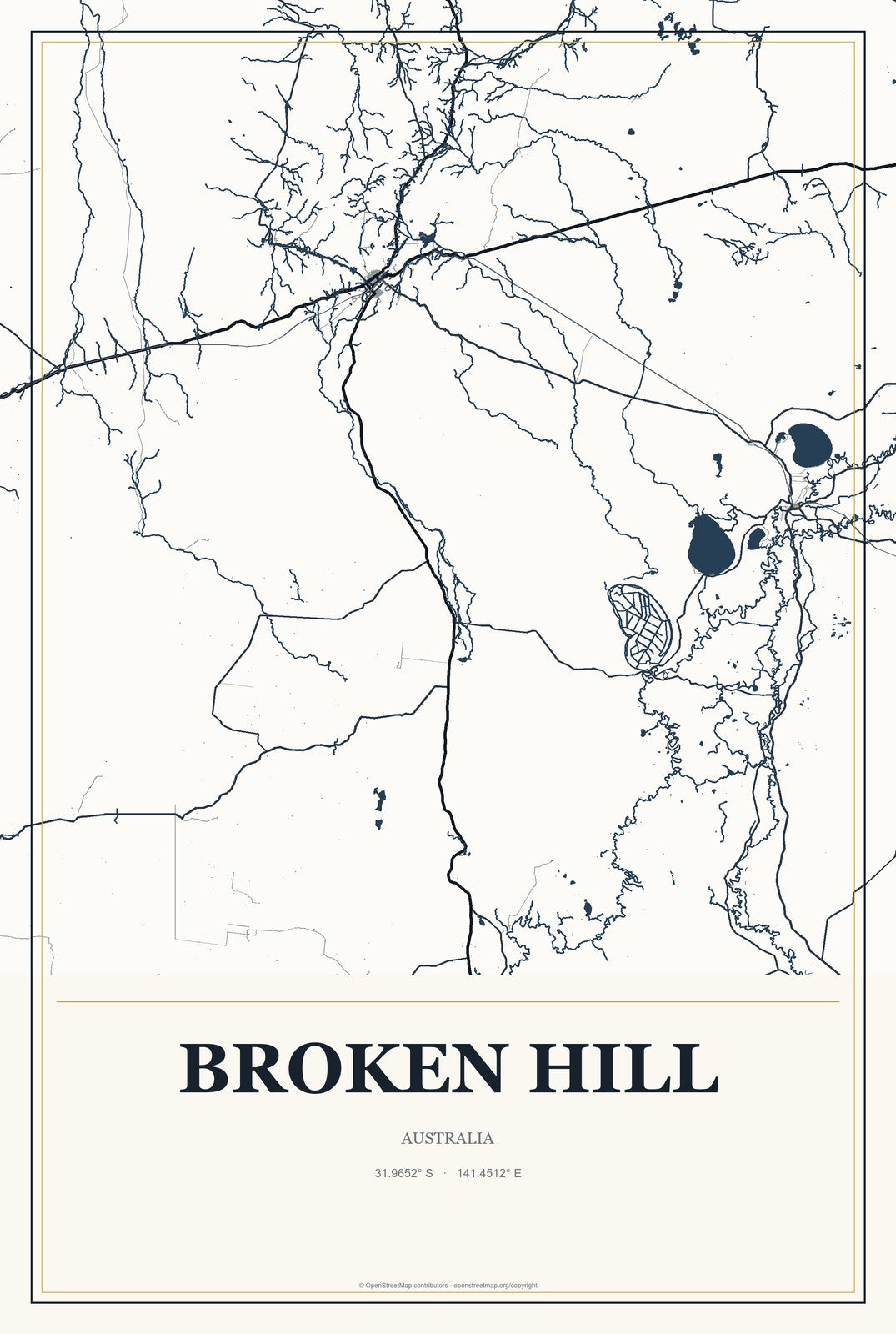 Broken Hill, Australia City Map Aluminum Sign in Citrine Modern style