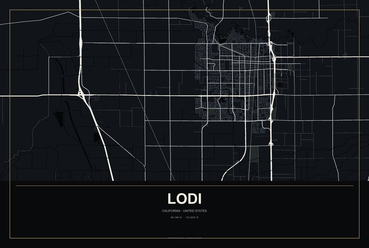 Lodi, California City Map Aluminum Sign in Metropolitan Noir style