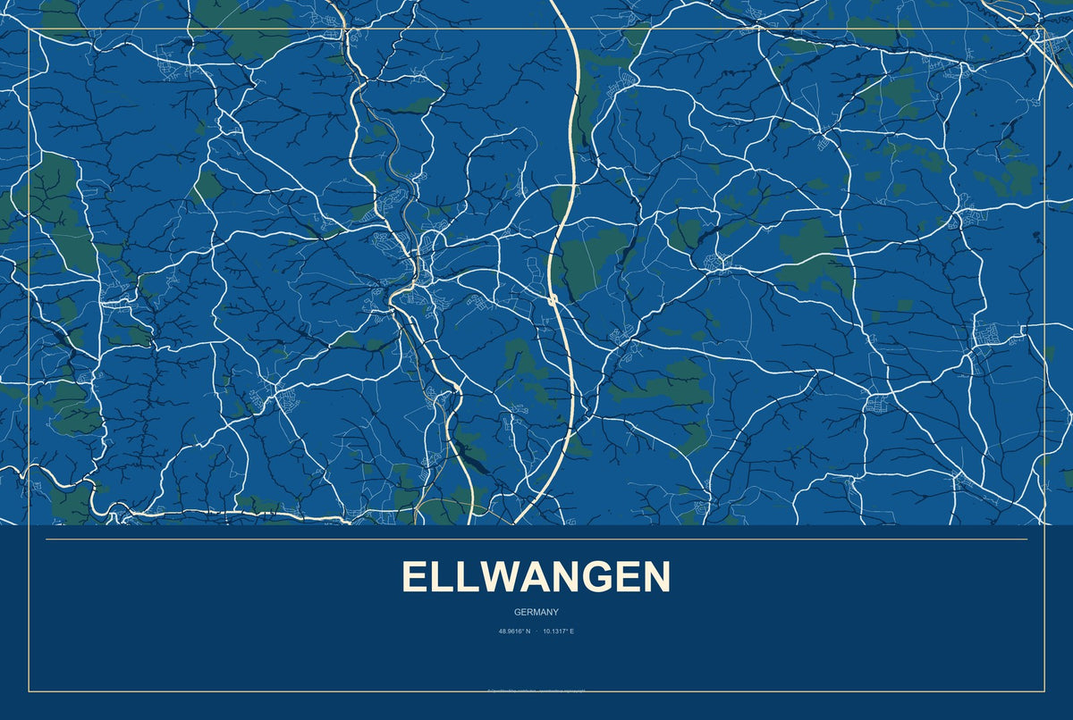 Ellwangen, Germany City Map Aluminum Sign in Harbor Cobalt style