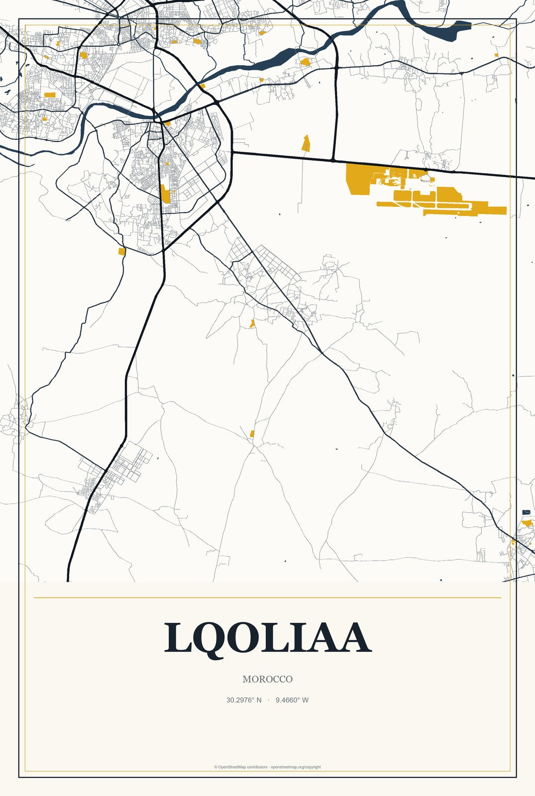 Lqoliaa, Morocco City Map Aluminum Sign in Citrine Modern style