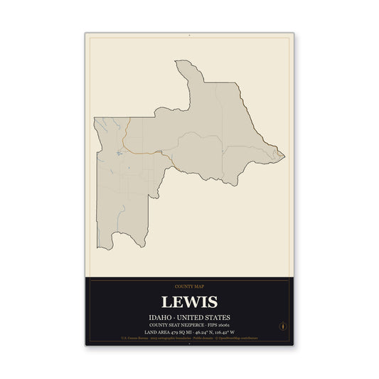 Lewis County, Idaho Map Aluminum Sign in Museum Plaque style