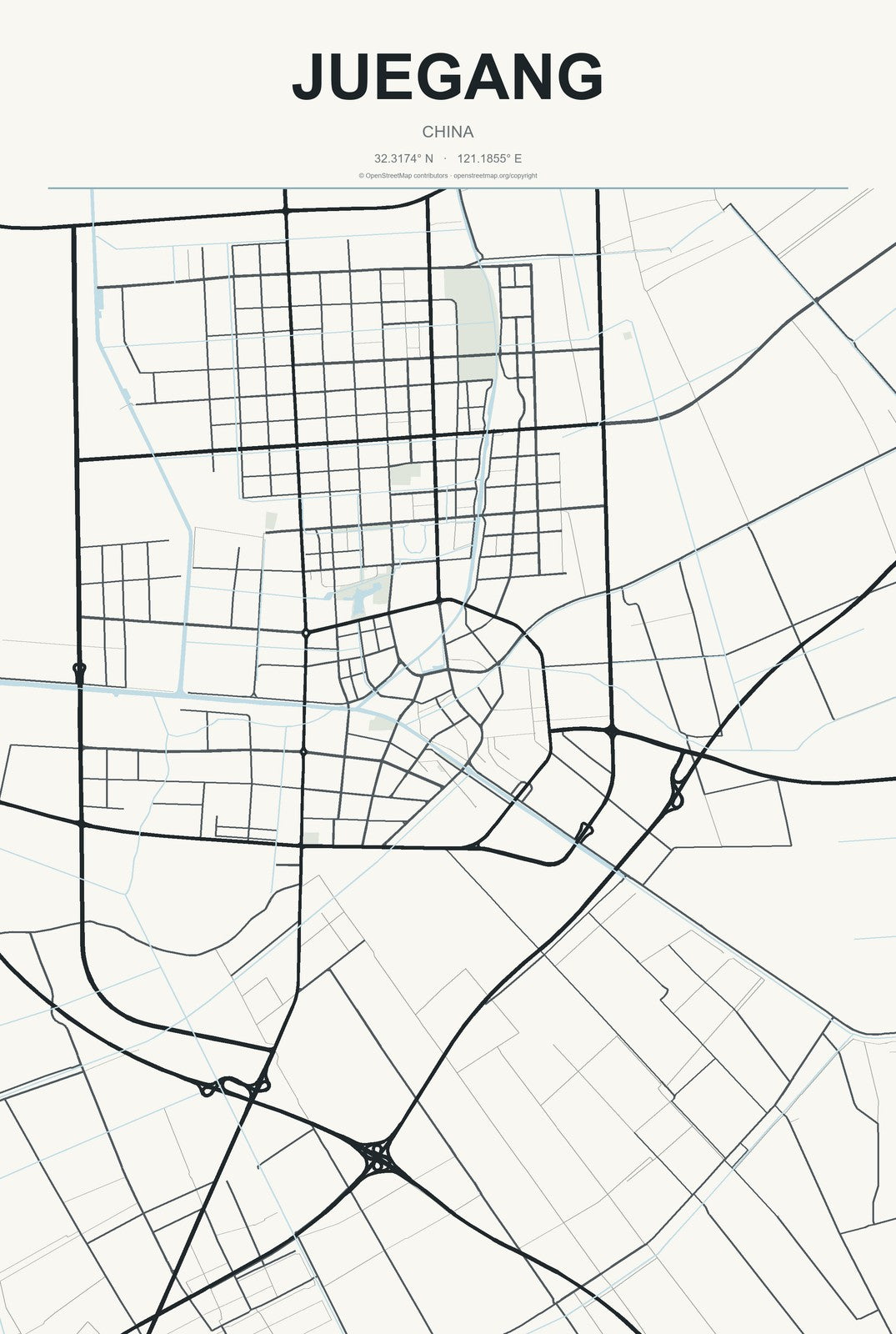 Juegang, China City Map Aluminum Sign in Headline Atlas style