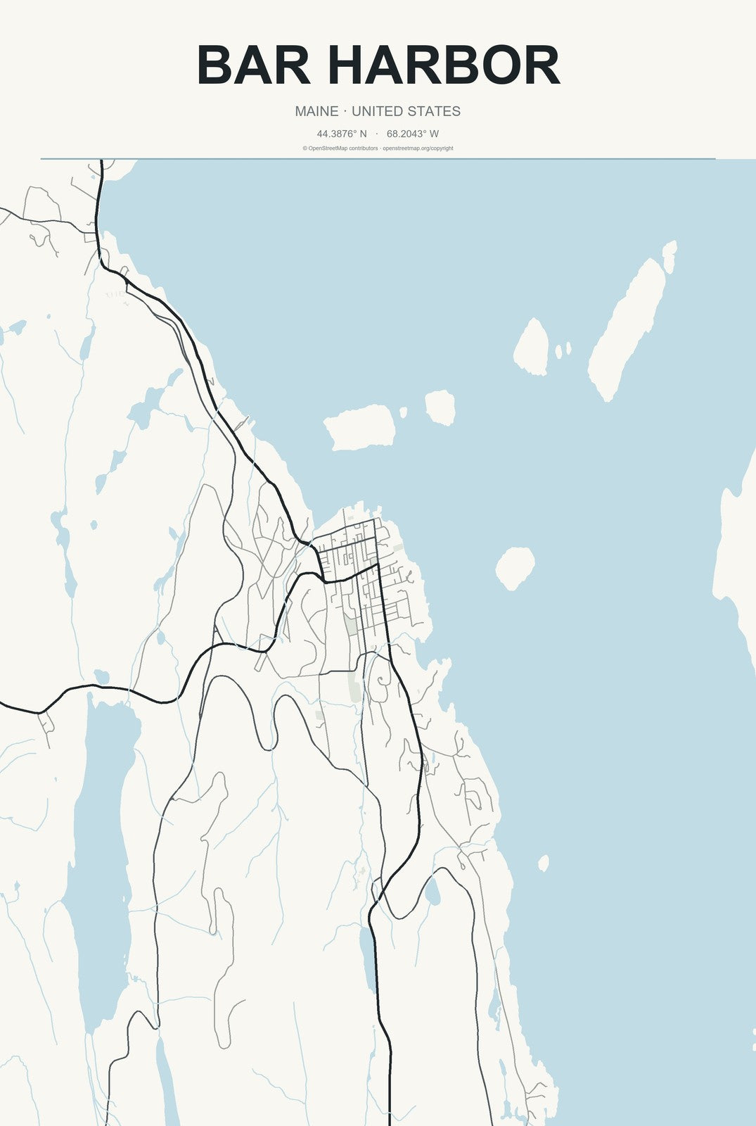 Bar Harbor, Maine City Map Aluminum Sign in Headline Atlas style