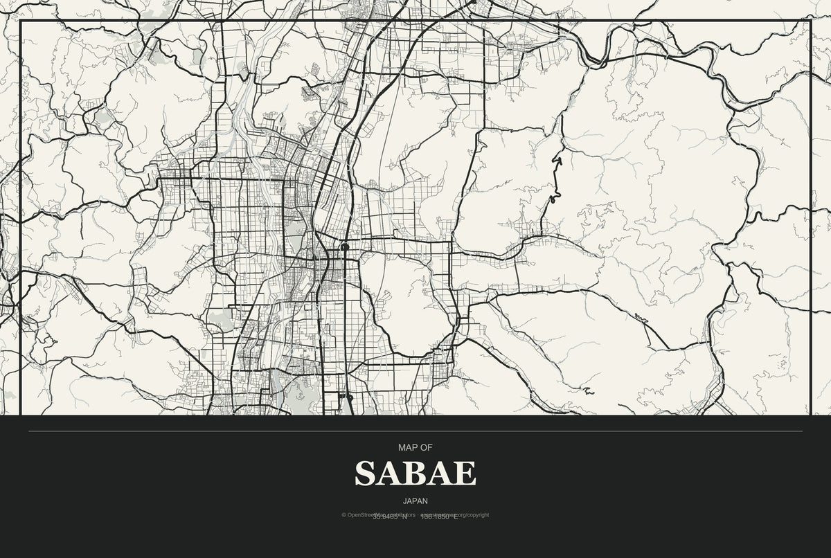 Sabae, Japan City Map Aluminum Sign in Museum Plaque style