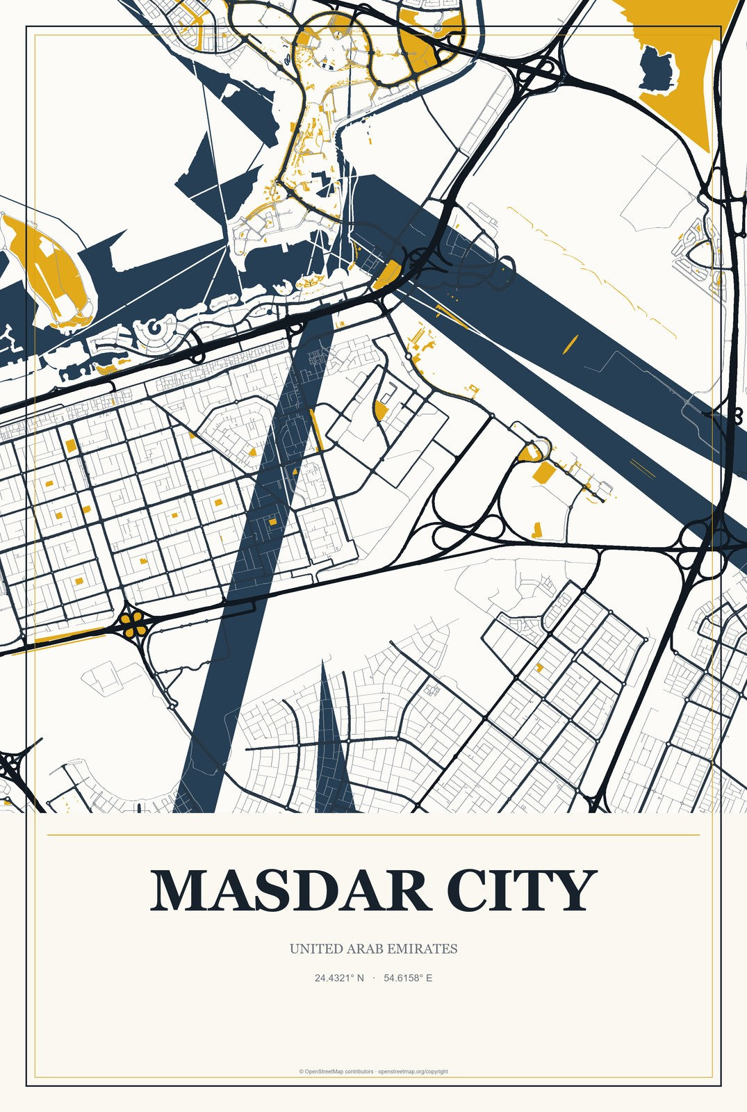 Masdar City, United Arab Emirates City Map Aluminum Sign in Citrine Modern style