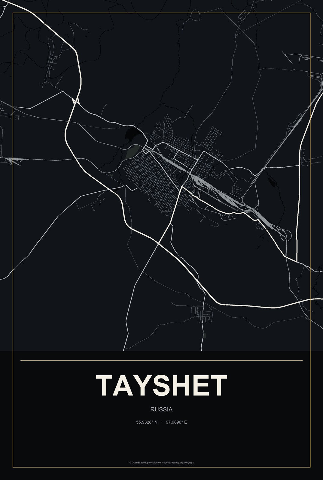 Tayshet, Russia City Map Aluminum Sign in Metropolitan Noir style