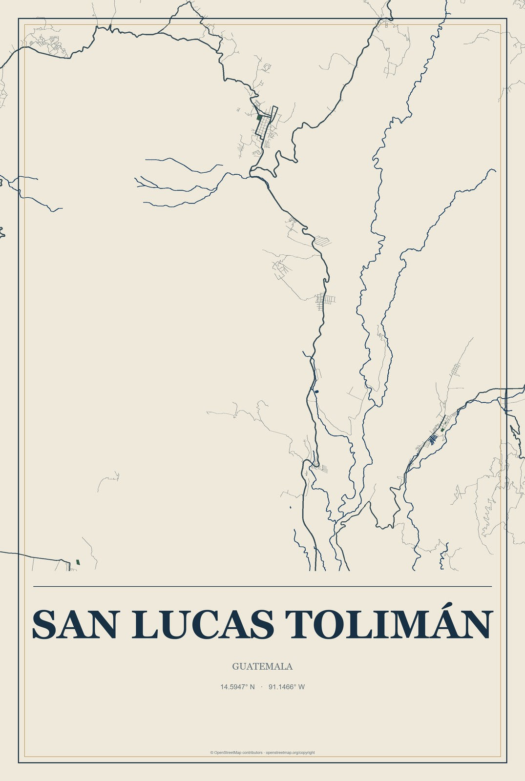 San Lucas Tolimán, Guatemala City Map Aluminum Sign in Coastal Cutout style