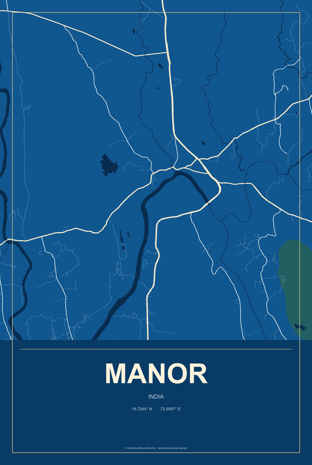 Manor, India City Map Aluminum Sign in Harbor Cobalt style