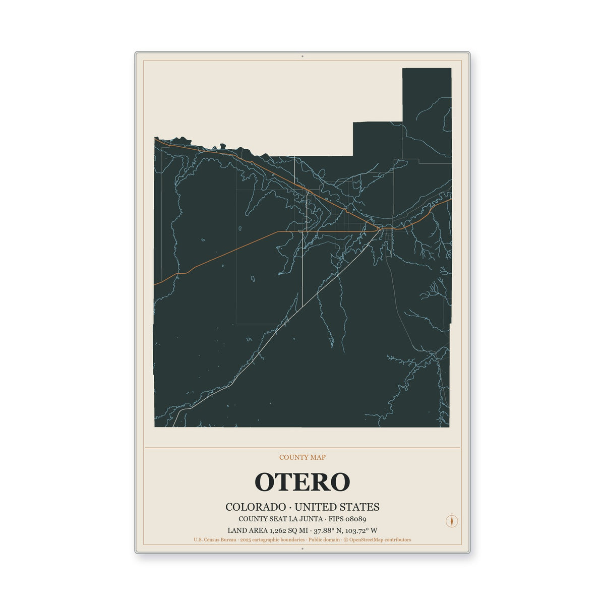 Otero County, Colorado Map Aluminum Sign in Headline Atlas style