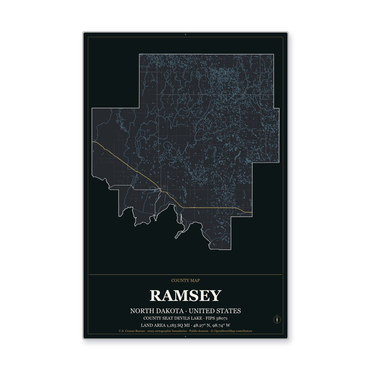 Ramsey County, North Dakota Map Aluminum Sign in Metropolitan Noir style