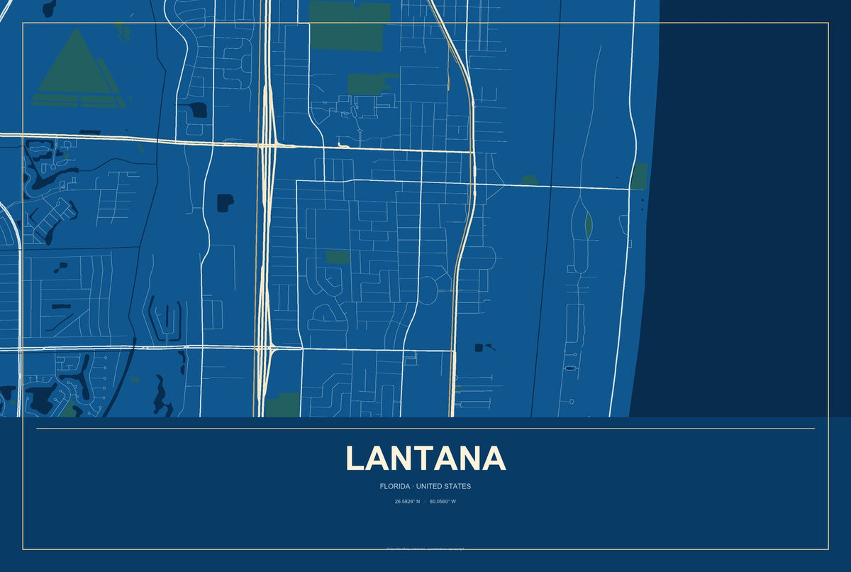 Lantana, Florida City Map Aluminum Sign in Harbor Cobalt style