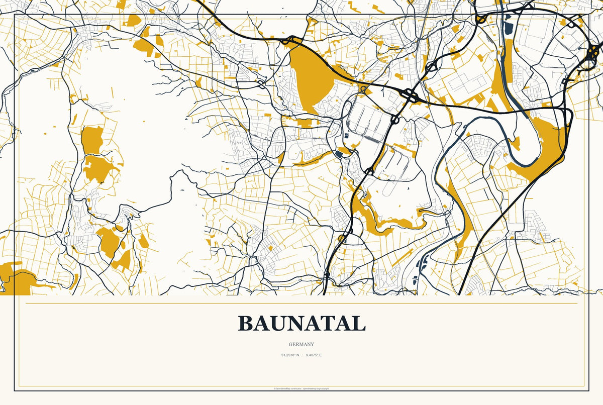 Baunatal, Germany City Map Aluminum Sign in Citrine Modern style