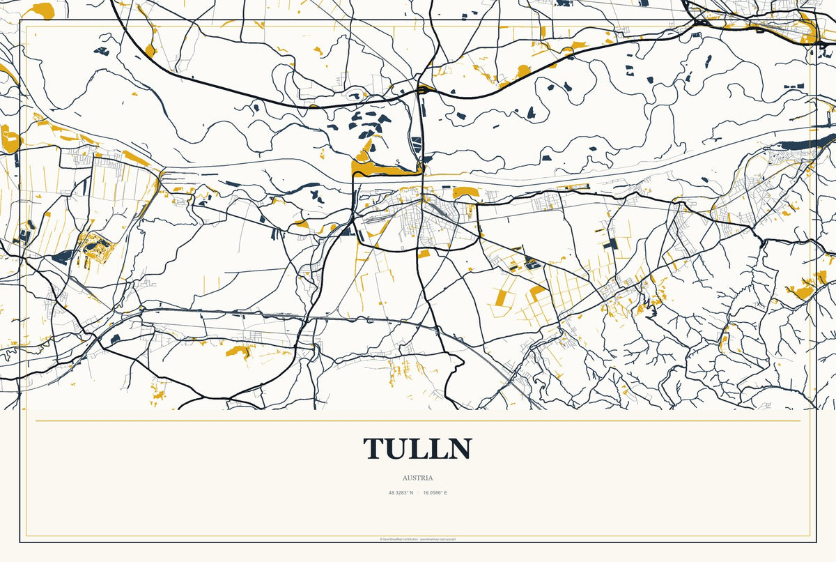 Tulln, Austria City Map Aluminum Sign in Citrine Modern style