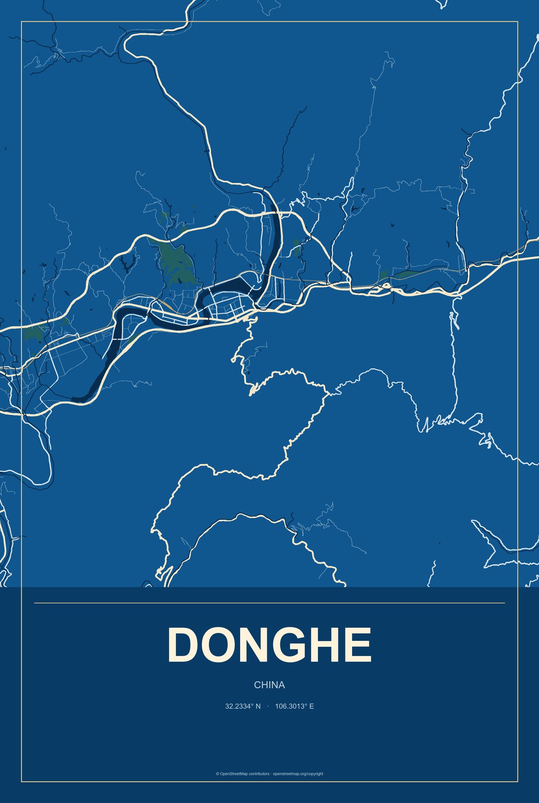Donghe, Sichuan, China City Map Aluminum Sign in Harbor Cobalt style