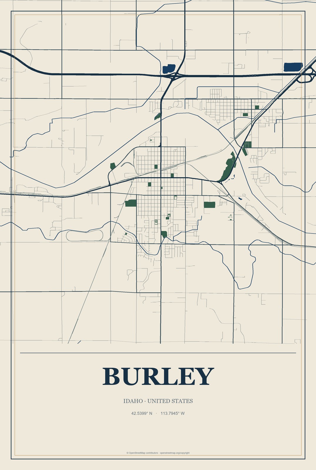 Burley, Idaho City Map Aluminum Sign in Coastal Cutout style