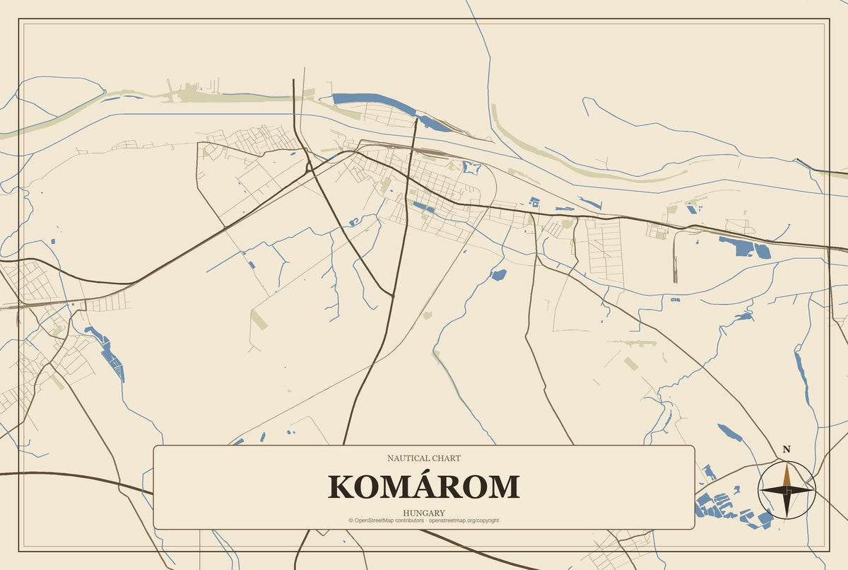 Komárom, Hungary City Map Aluminum Sign in Heritage Nautical style