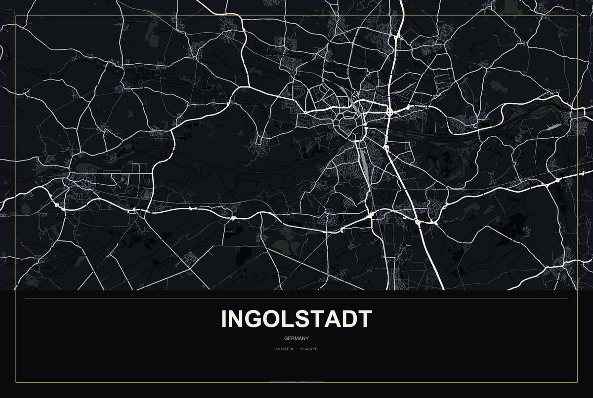 Ingolstadt, Germany City Map Aluminum Sign in Metropolitan Noir style