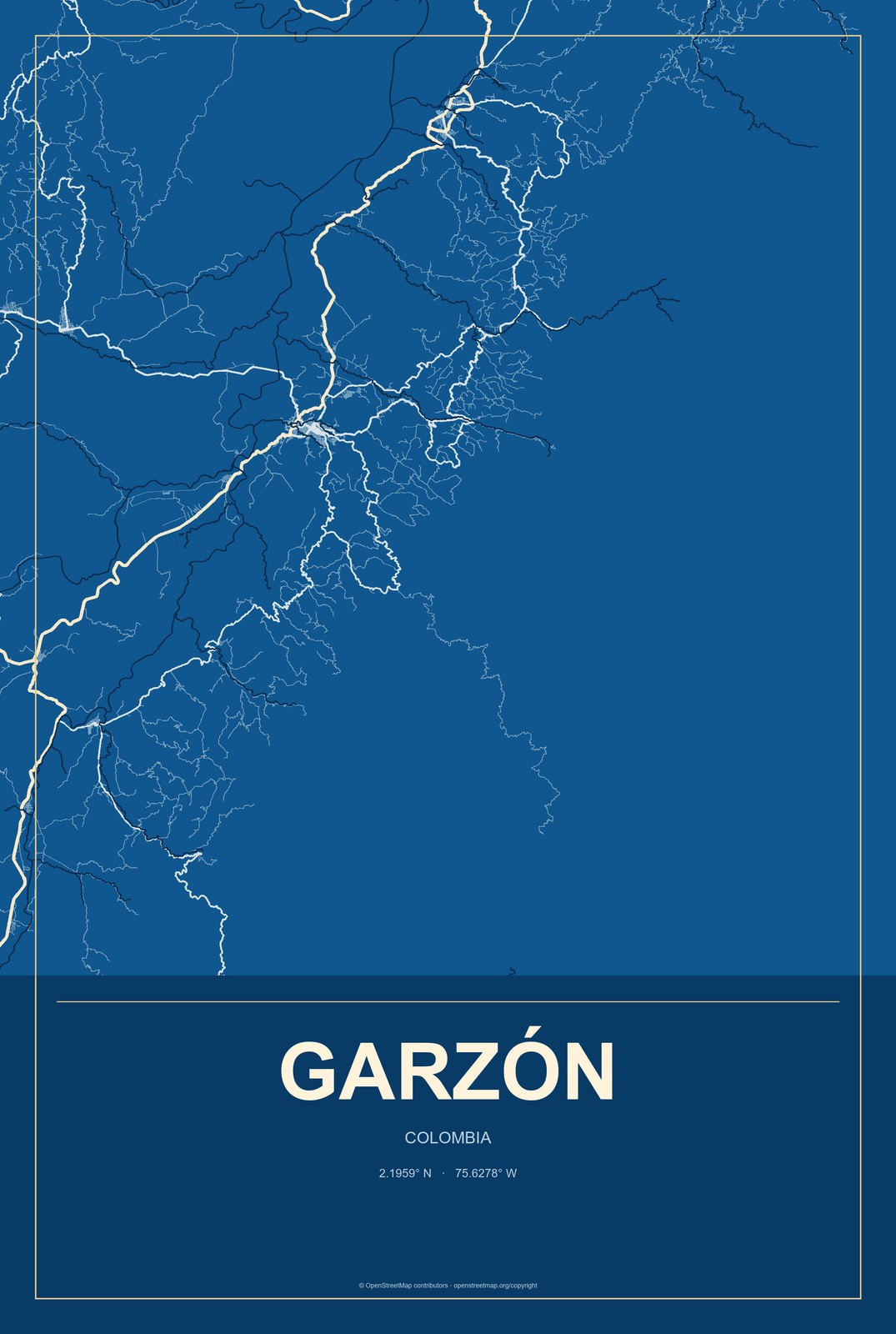 Garzón, Colombia City Map Aluminum Sign in Harbor Cobalt style