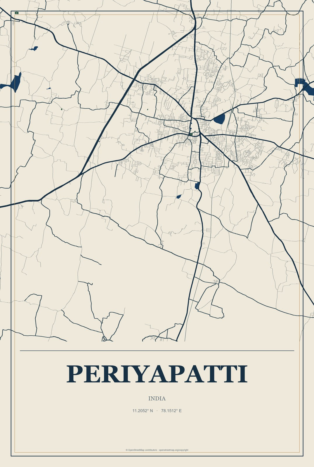 Periyapatti, India City Map Aluminum Sign in Coastal Cutout style