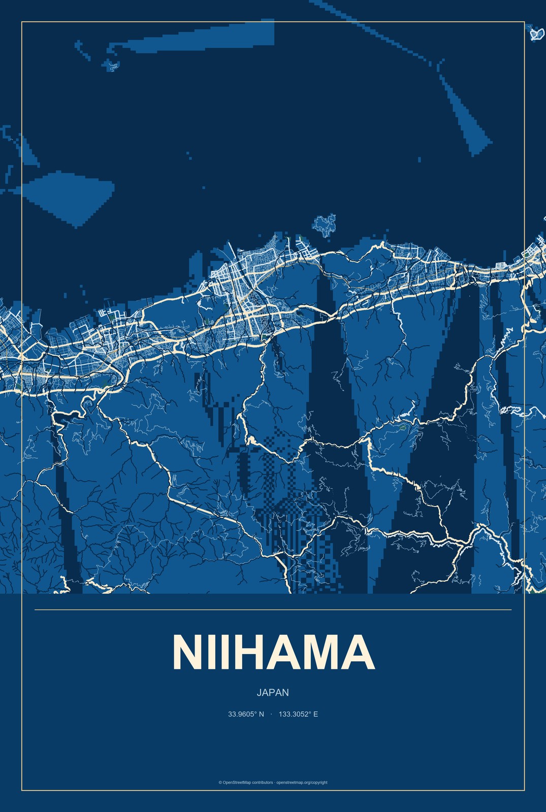 Niihama, Japan City Map Aluminum Sign in Harbor Cobalt style