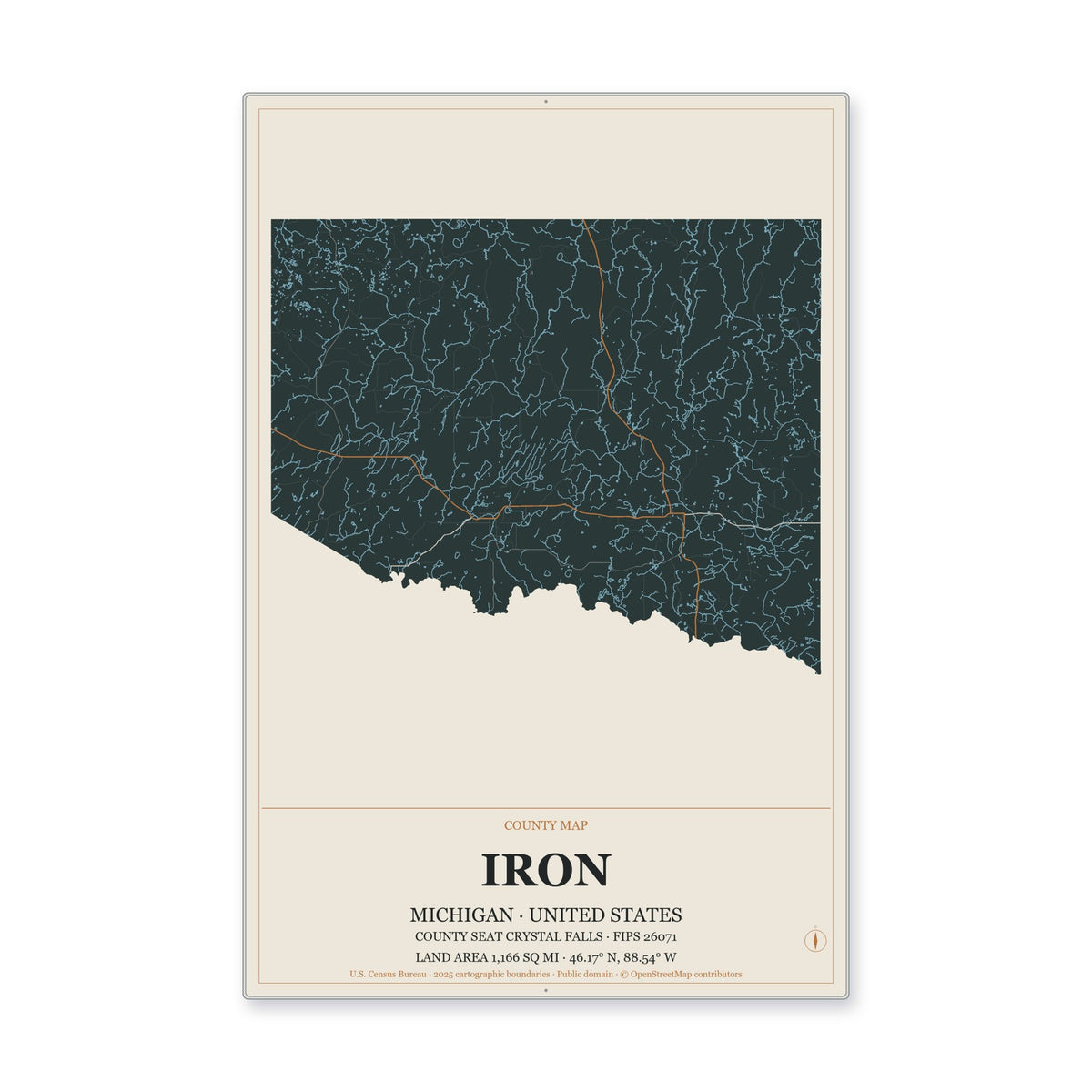 Iron County, Michigan Map Aluminum Sign in Headline Atlas style