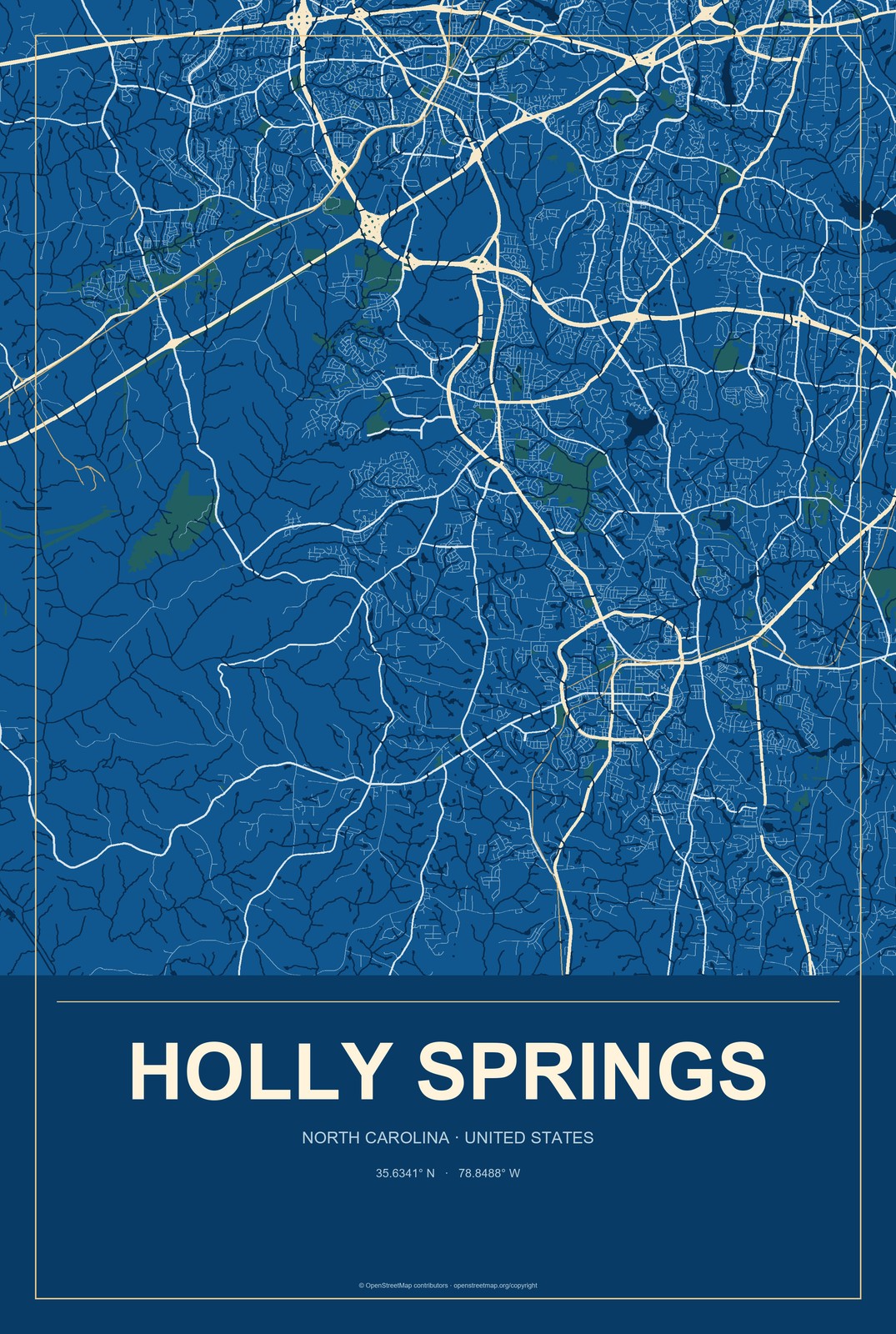 Holly Springs, North Carolina City Map Aluminum Sign in Harbor Cobalt style