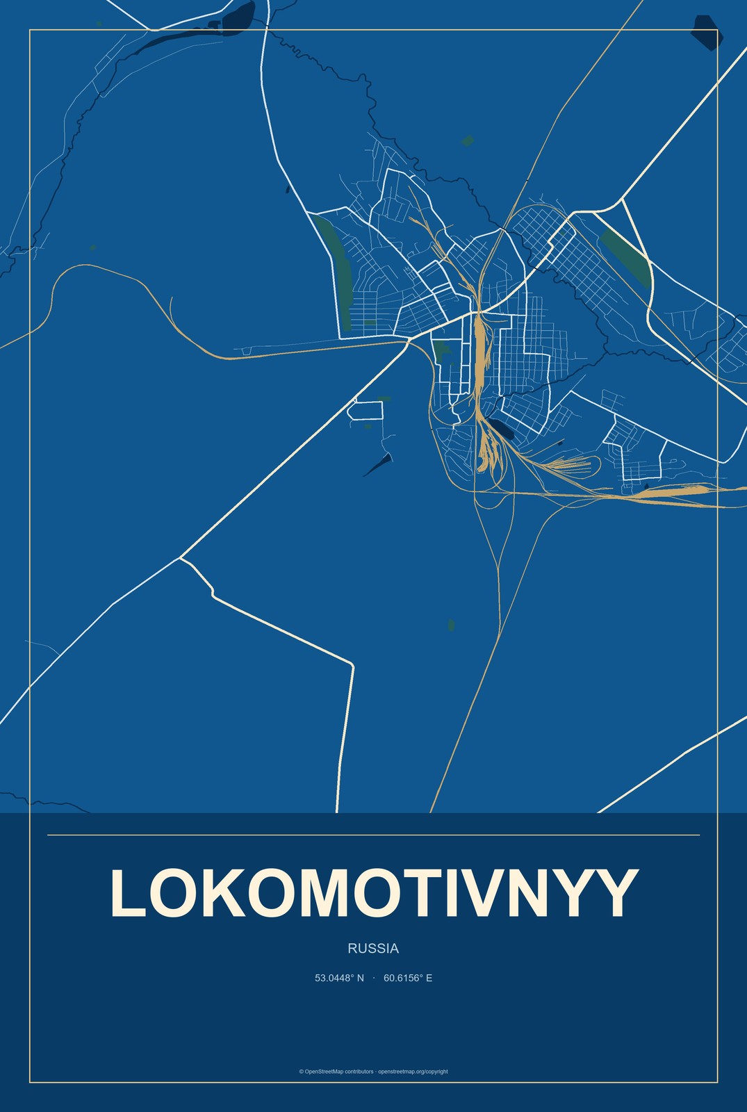 Lokomotivnyy, Russia City Map Aluminum Sign in Harbor Cobalt style