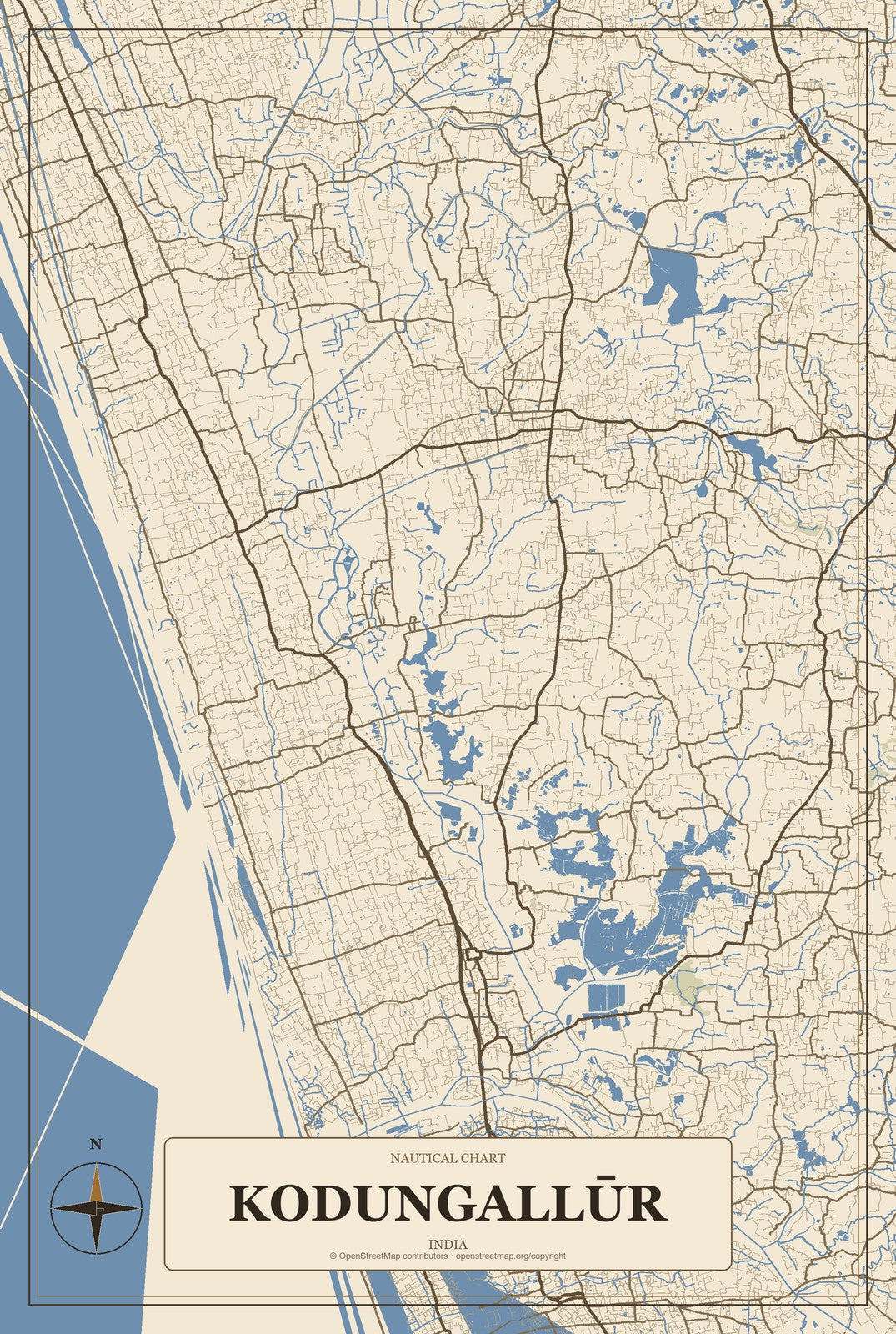Kodungallūr, India City Map Aluminum Sign in Heritage Nautical style