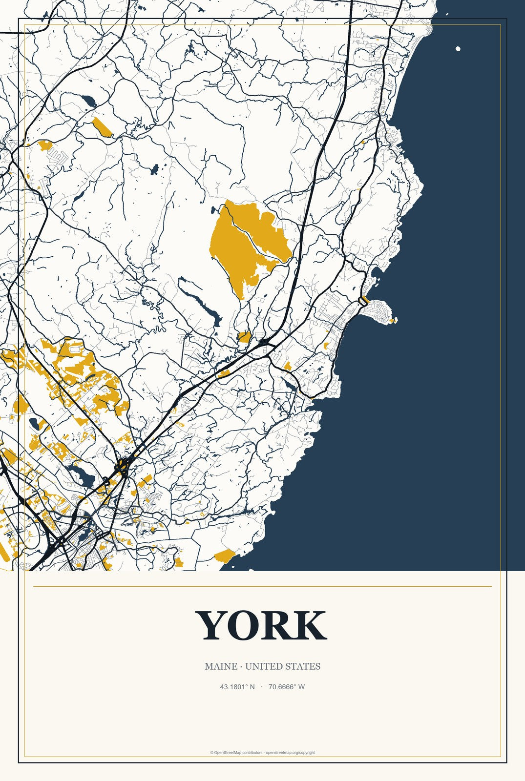 York, Maine City Map Aluminum Sign in Citrine Modern style