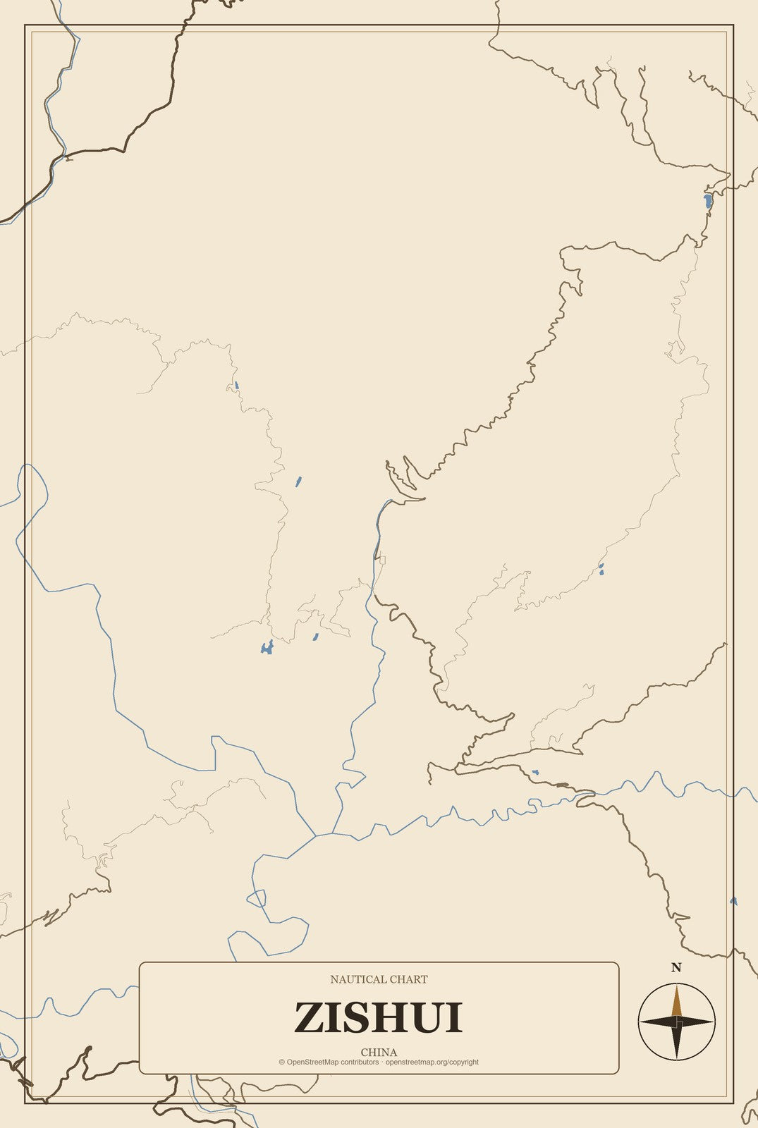 Zishui, China City Map Aluminum Sign in Heritage Nautical style