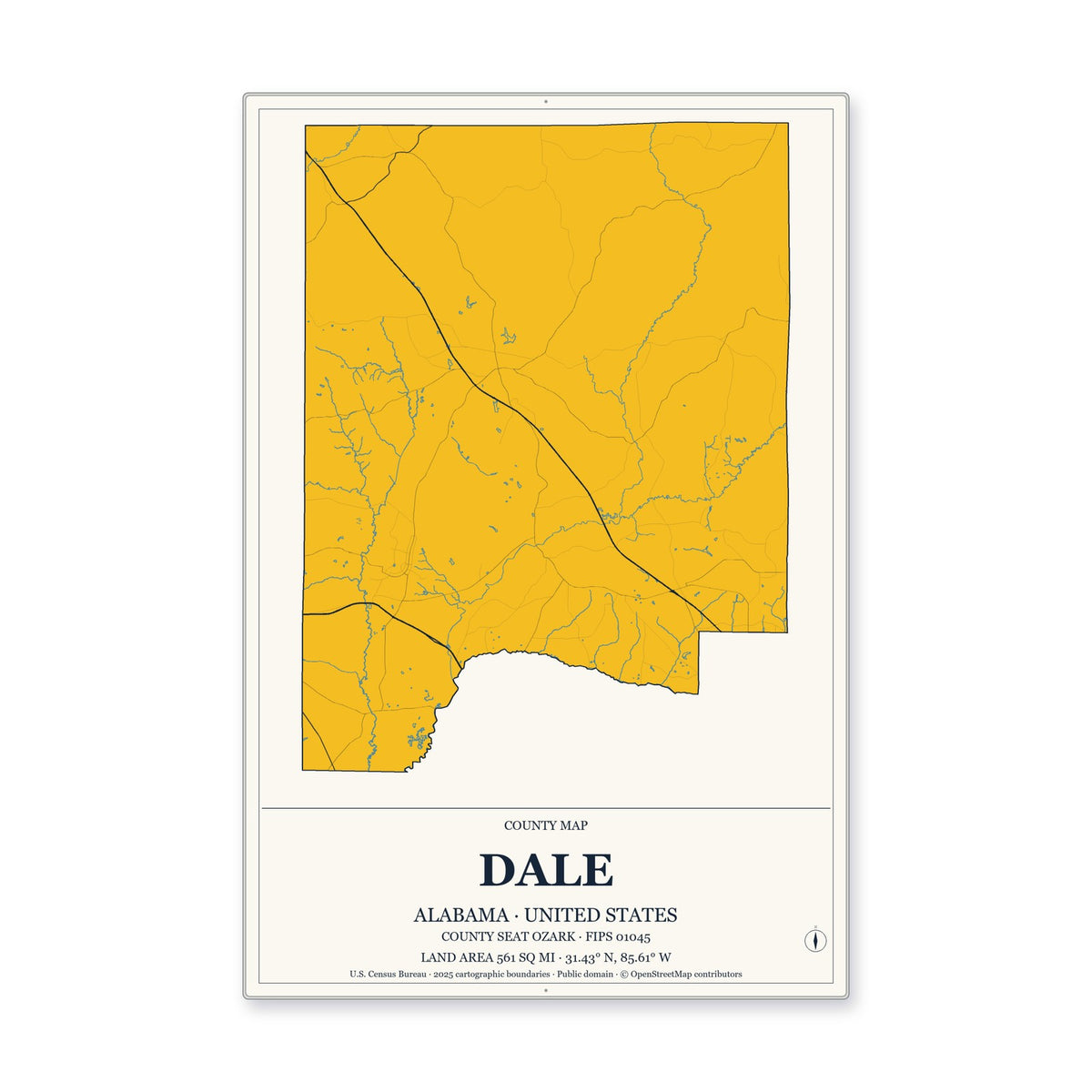Dale County, Alabama Map Aluminum Sign in Citrine Modern style