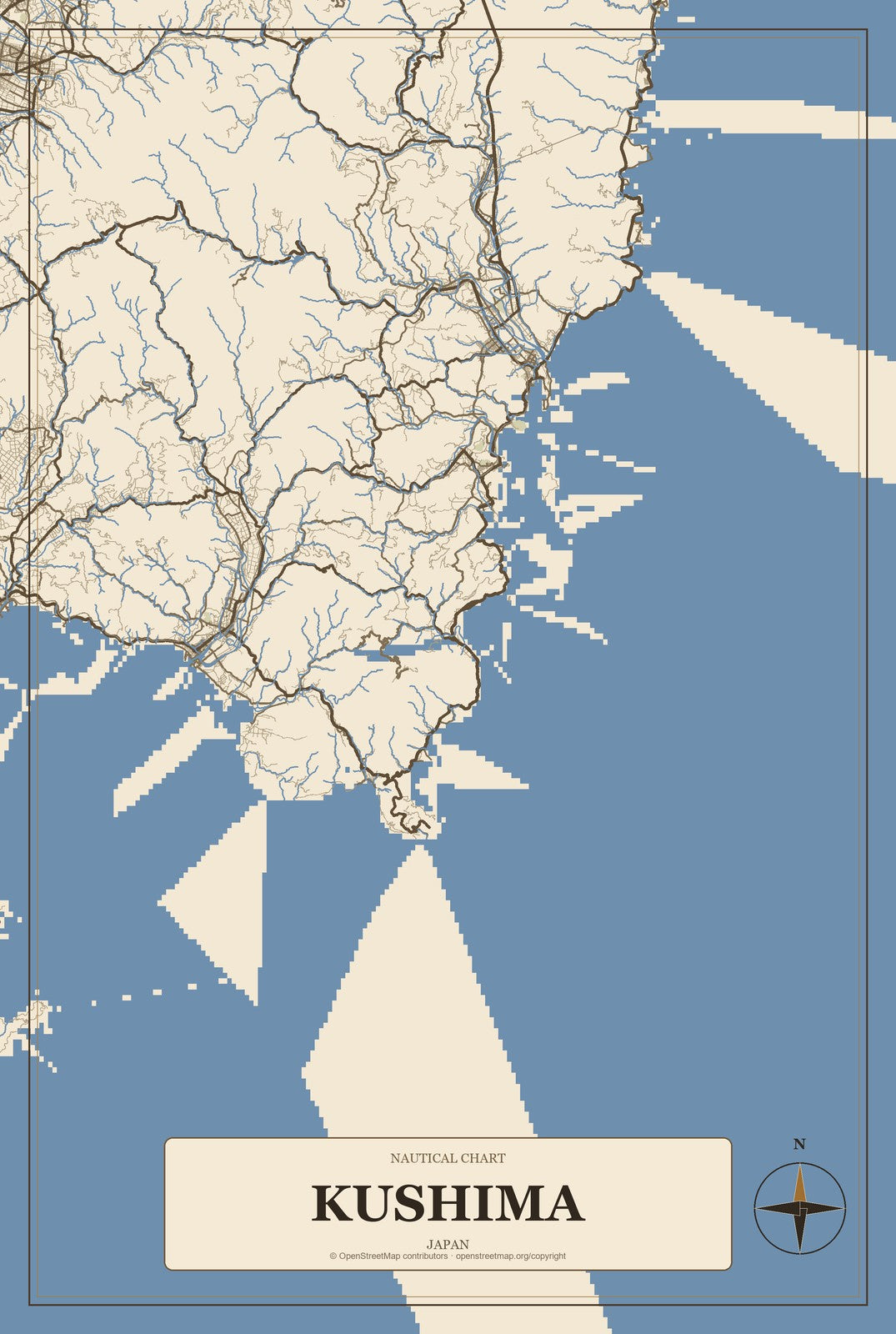 Kushima, Japan City Map Aluminum Sign in Heritage Nautical style