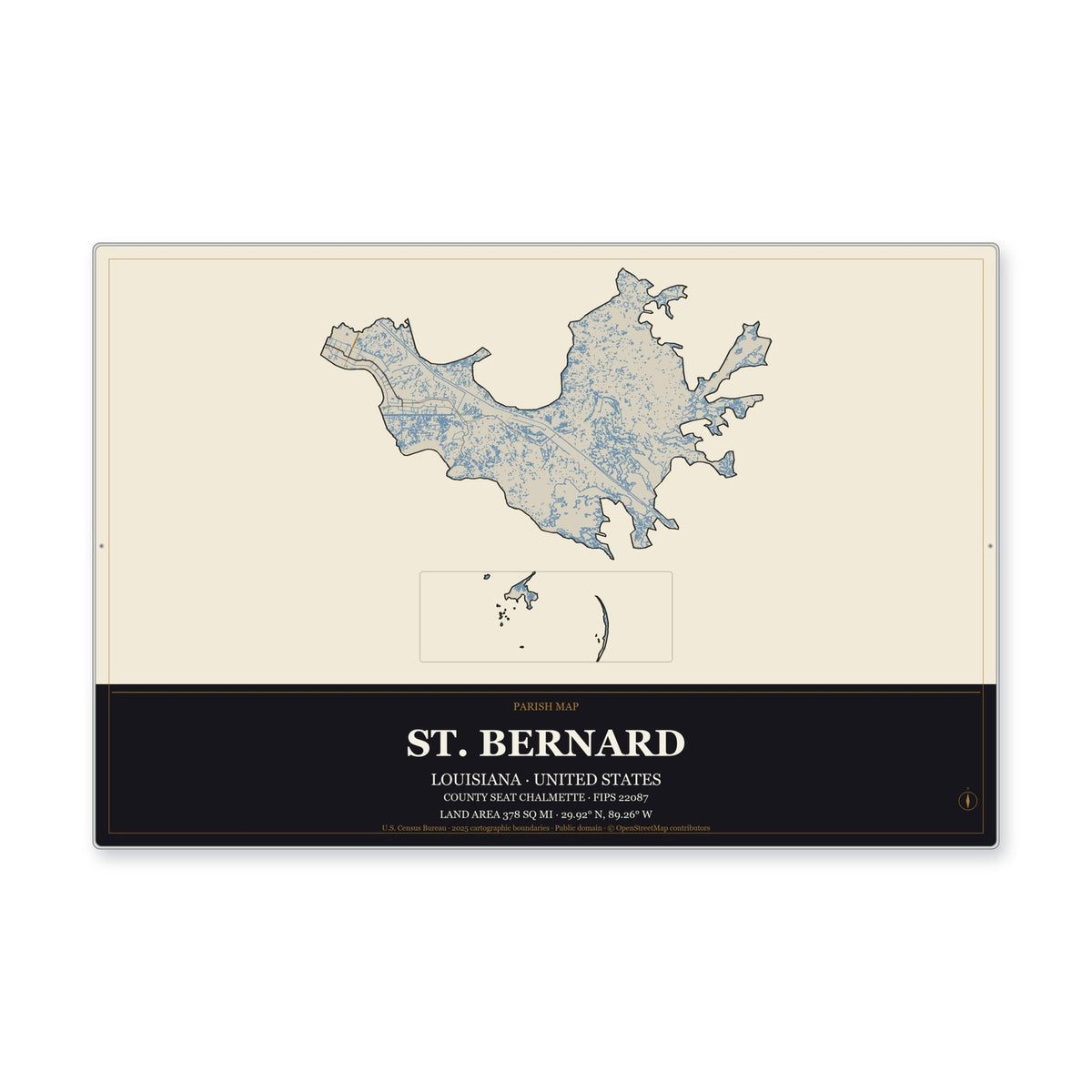 St. Bernard Parish, Louisiana Map Aluminum Sign in Museum Plaque style
