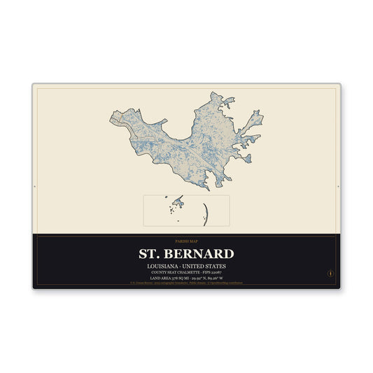 St. Bernard Parish, Louisiana Map Aluminum Sign in Museum Plaque style