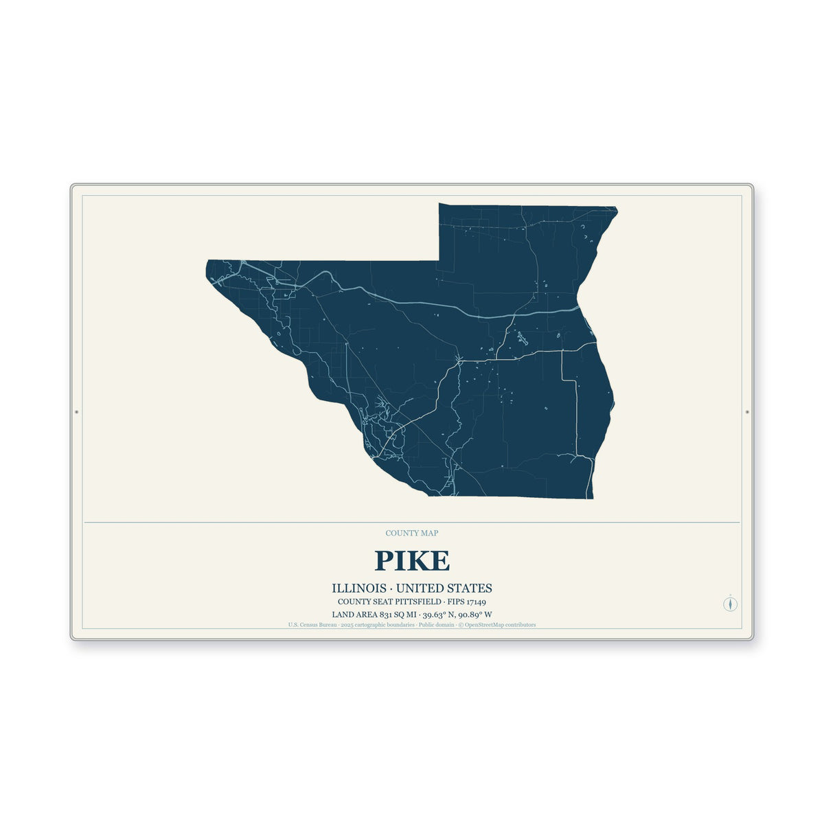 Pike County, Illinois Map Aluminum Sign in Coastal Cutout style