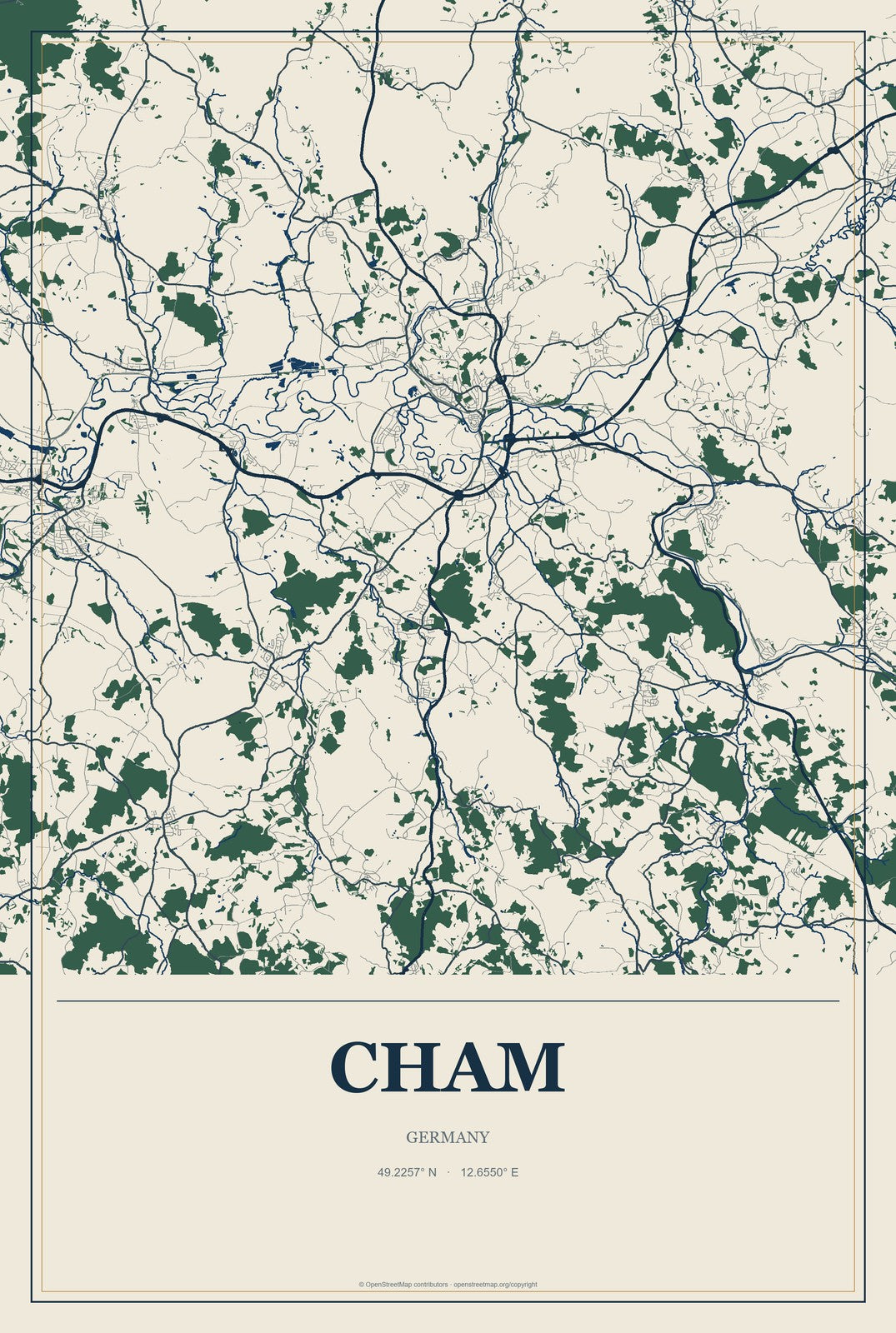 Cham, Germany City Map Aluminum Sign in Coastal Cutout style