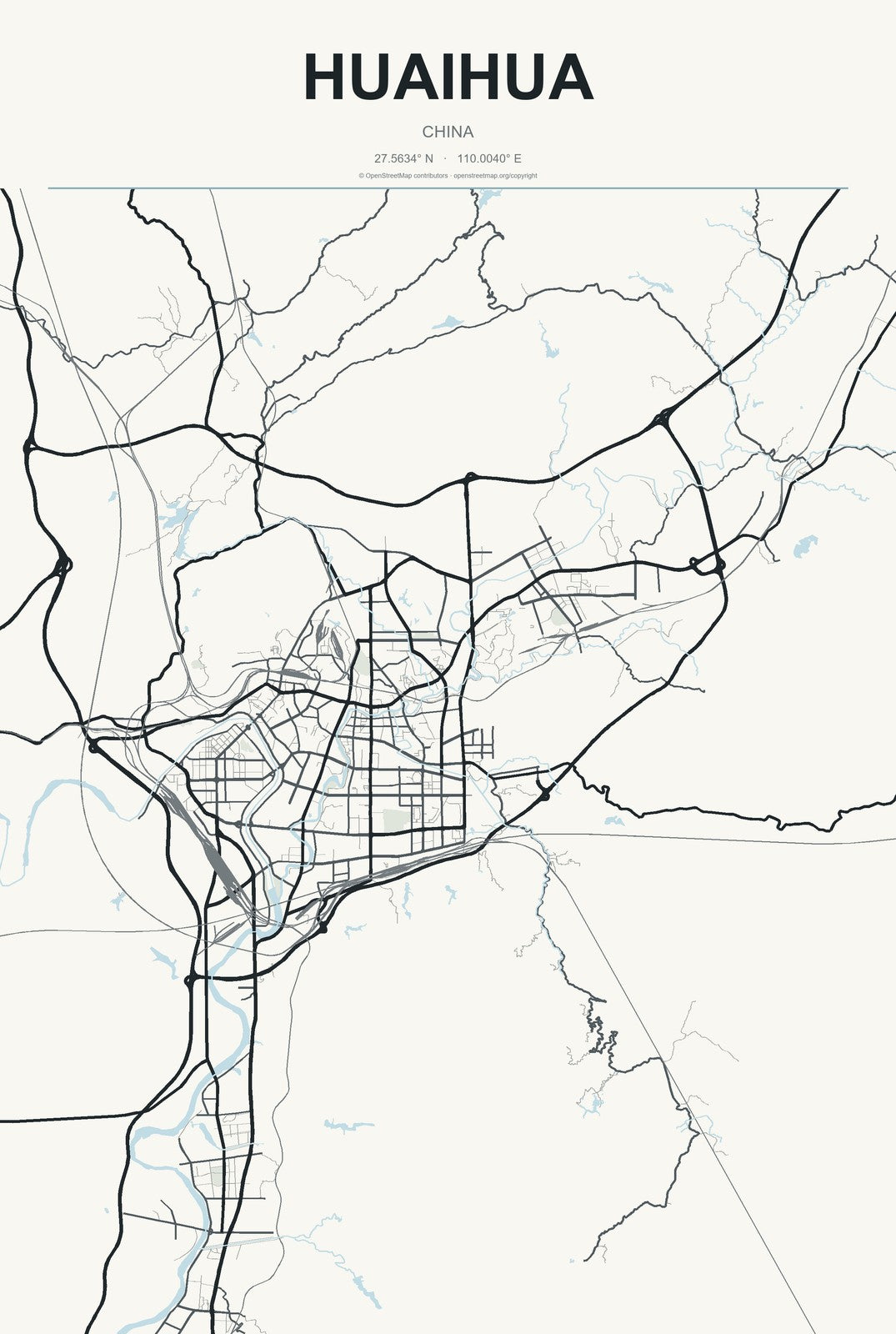 Huaihua, China City Map Aluminum Sign in Headline Atlas style