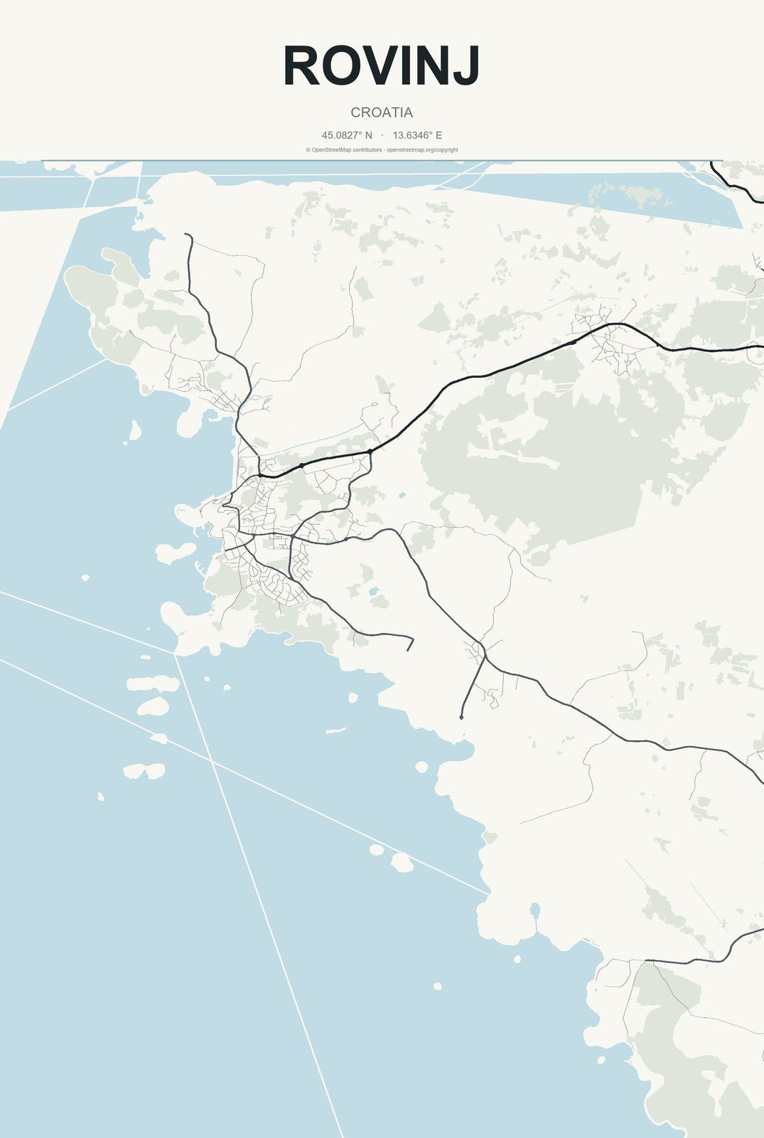 Rovinj, Croatia City Map Aluminum Sign in Headline Atlas style