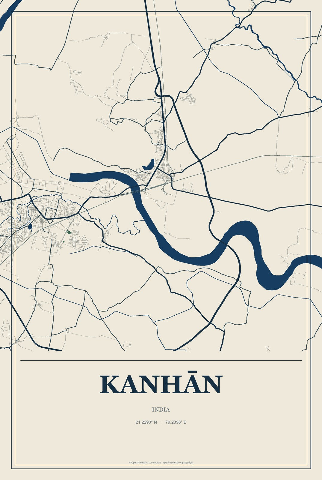 Kanhān, India City Map Aluminum Sign in Coastal Cutout style