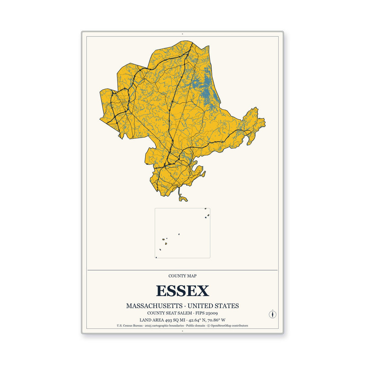 Essex County, Massachusetts Map Aluminum Sign in Citrine Modern style