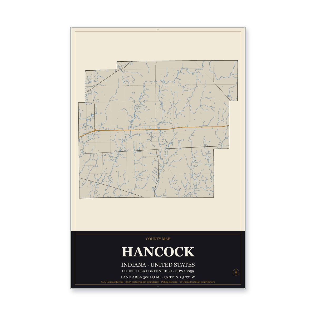 Hancock County, Indiana Map Aluminum Sign in Museum Plaque style