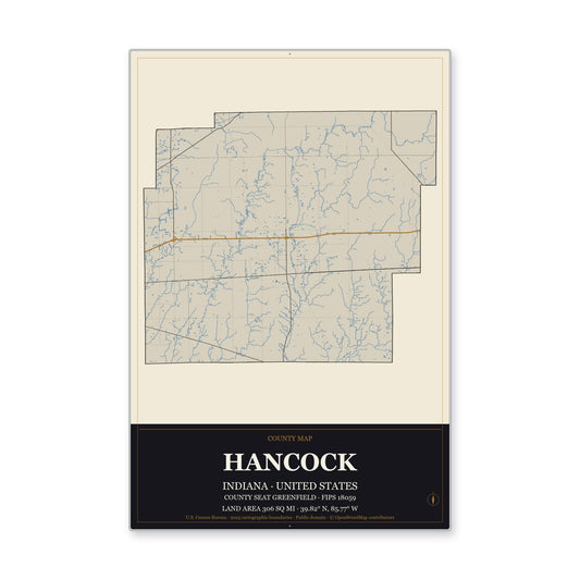 Hancock County, Indiana Map Aluminum Sign in Museum Plaque style