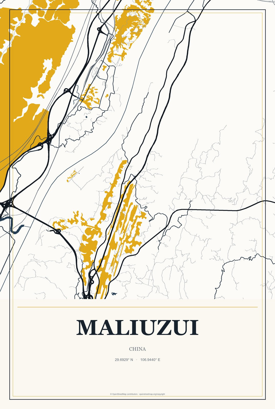 Maliuzui, China City Map Aluminum Sign in Citrine Modern style