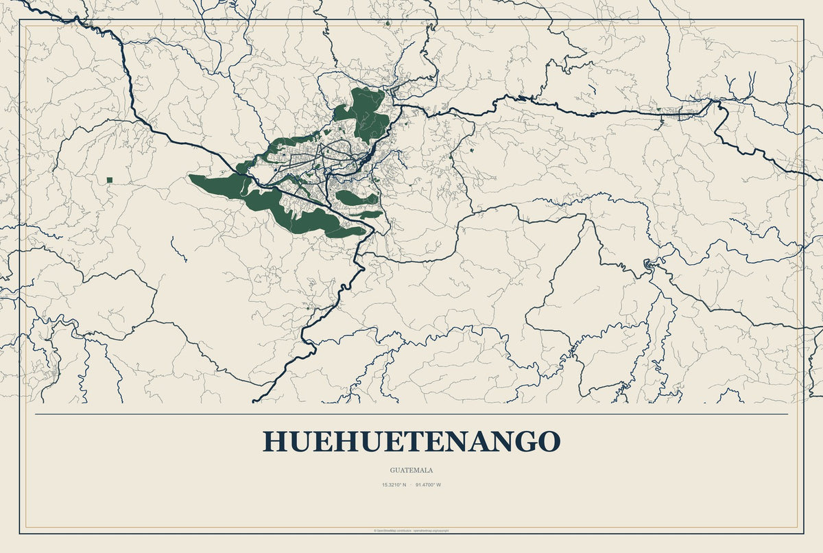Huehuetenango, Guatemala City Map Aluminum Sign in Coastal Cutout style